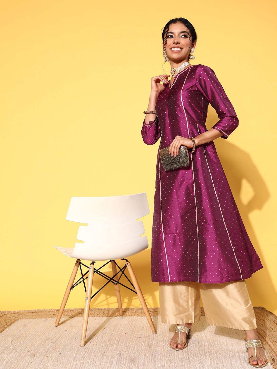

Inddus Women Woven Design Gotta Patti Anarkali Kurta, Mauve