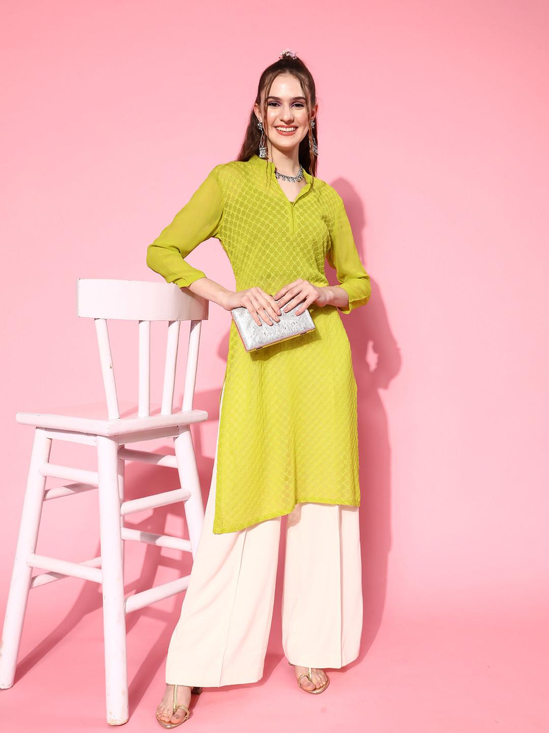 

Inddus Women Geometric Embroidered Thread Work Georgette Kurta, Green