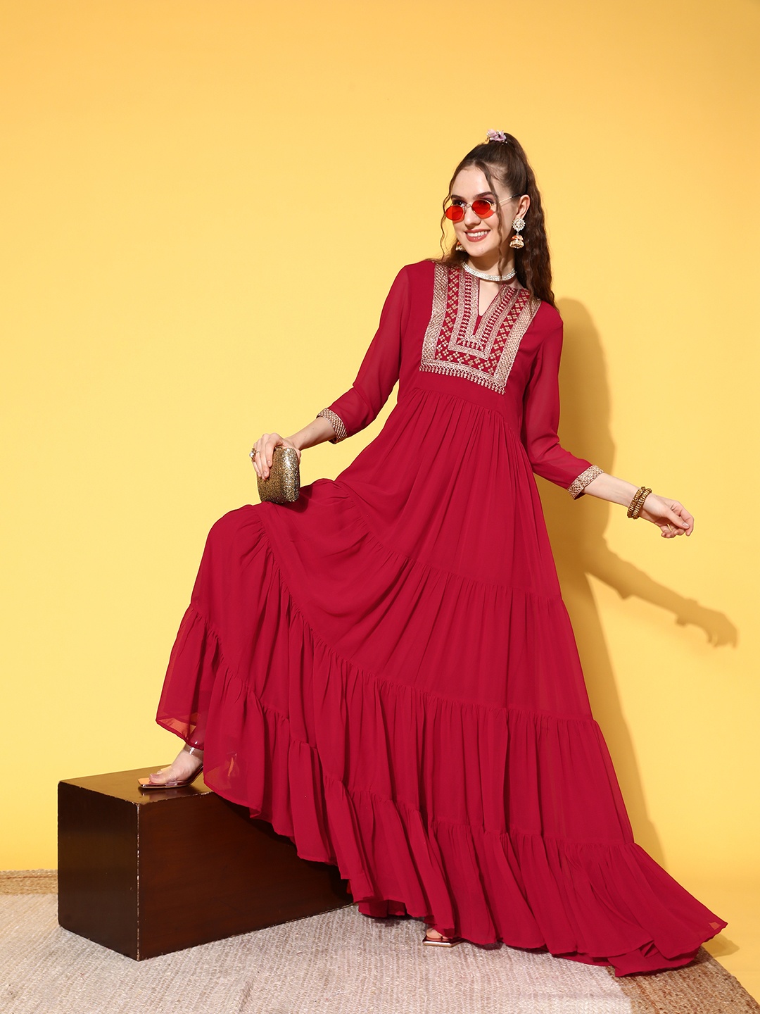 

Inddus Maroon Embellished Embroidered Georgette Ethnic Maxi Dress