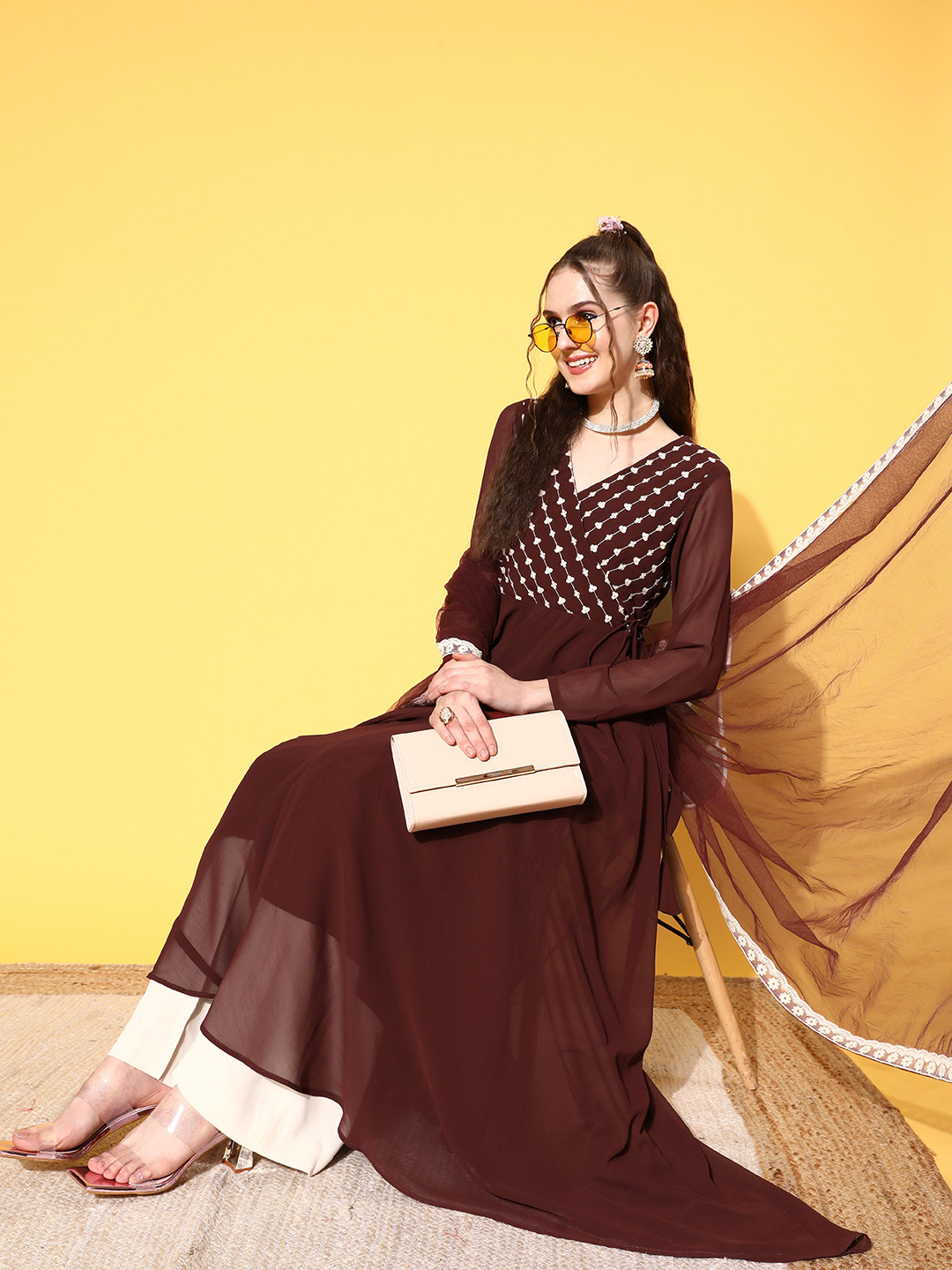 

Inddus Women Ethnic Motifs Embroidered Georgette Kurta With Dupatta, Brown
