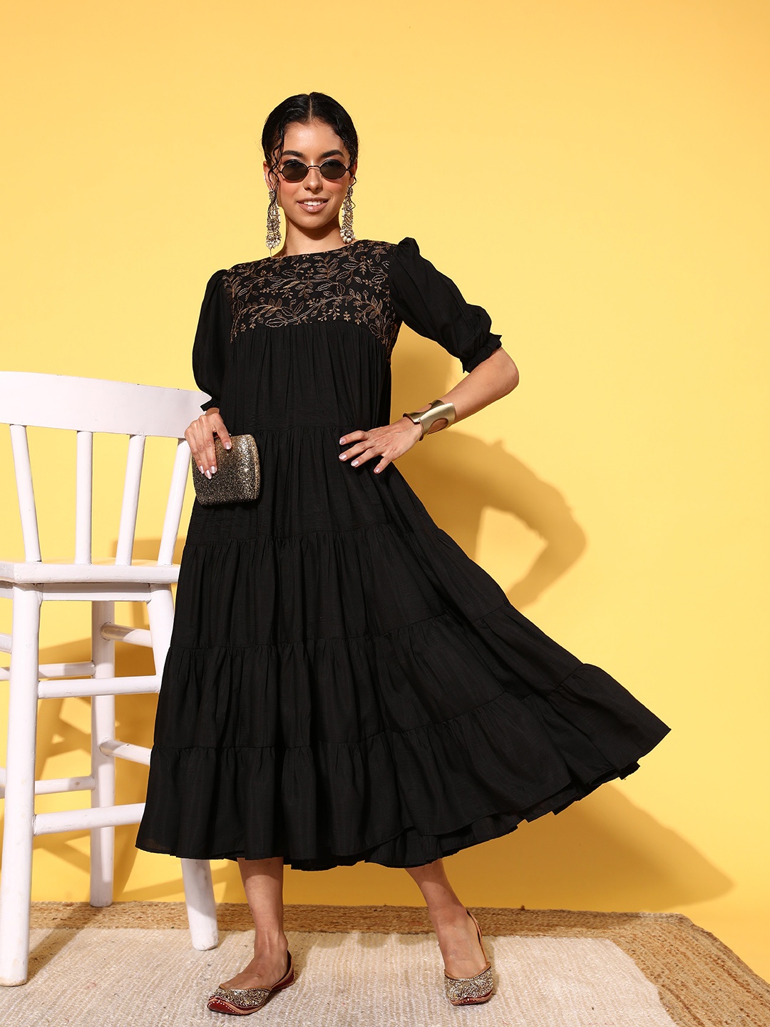 

Inddus Black Floral Embroidered Puff Sleeves A-Line Midi Dress