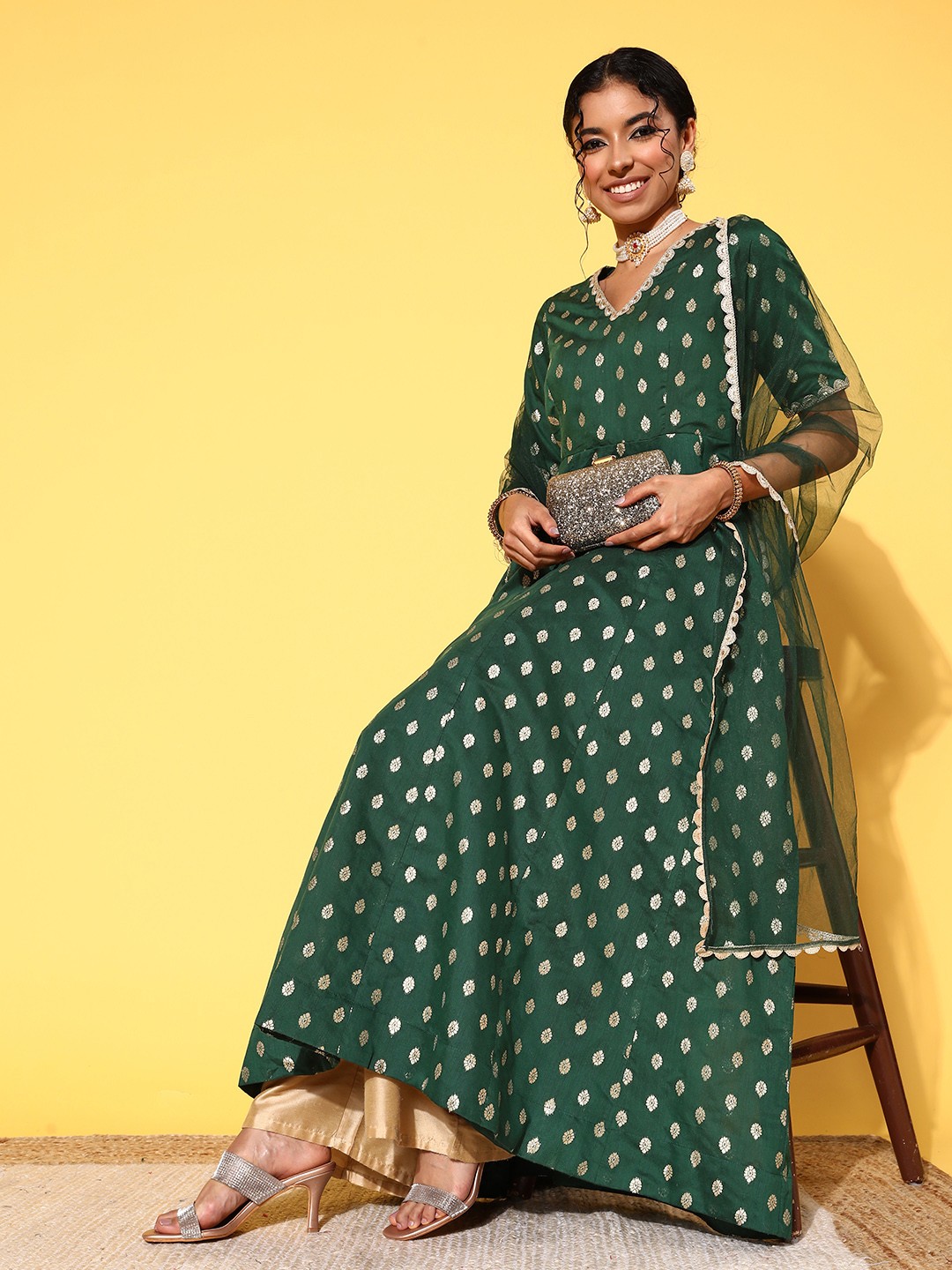 

Inddus Women Woven Design Anarkali Kurta With Dupatta, Green