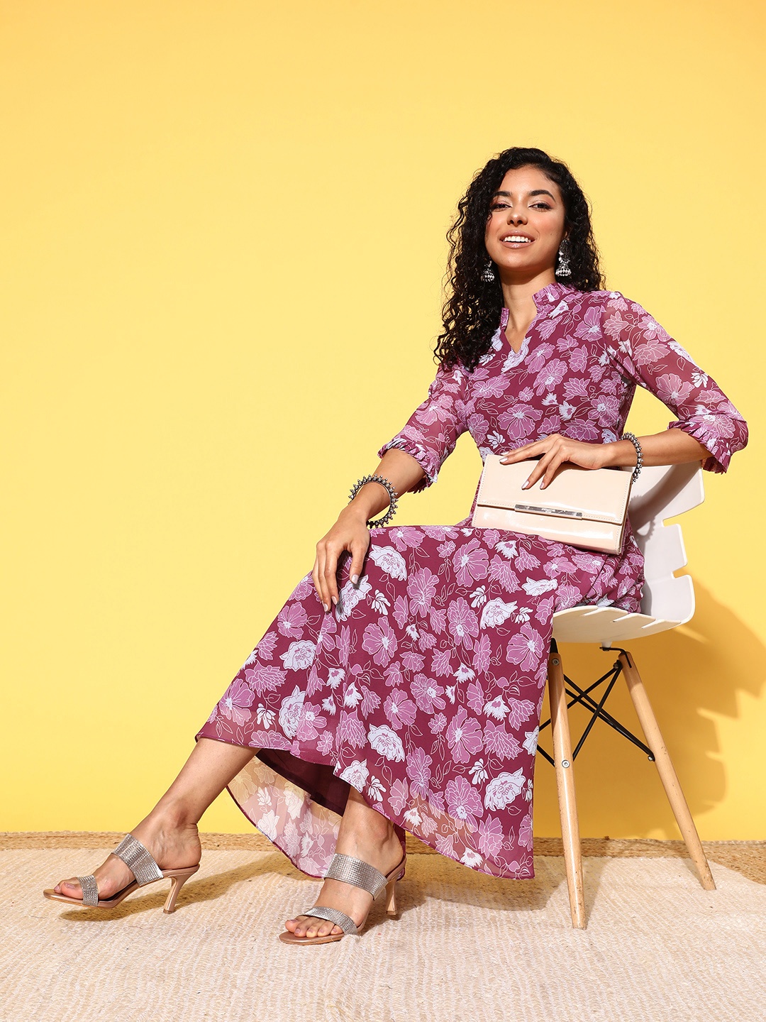 

Inddus Purple & White Floral Print Mandarin Collar Georgette Midi Dress