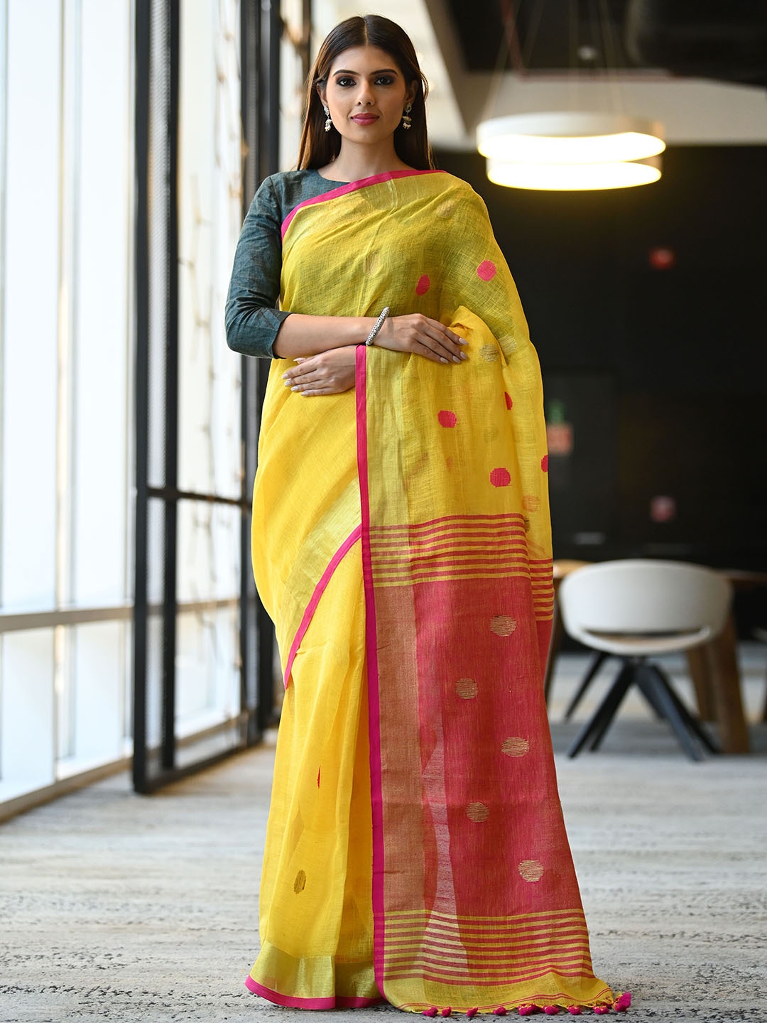 

BEATITUDE Yellow & Pink Woven Design Zari Pure Linen Saree