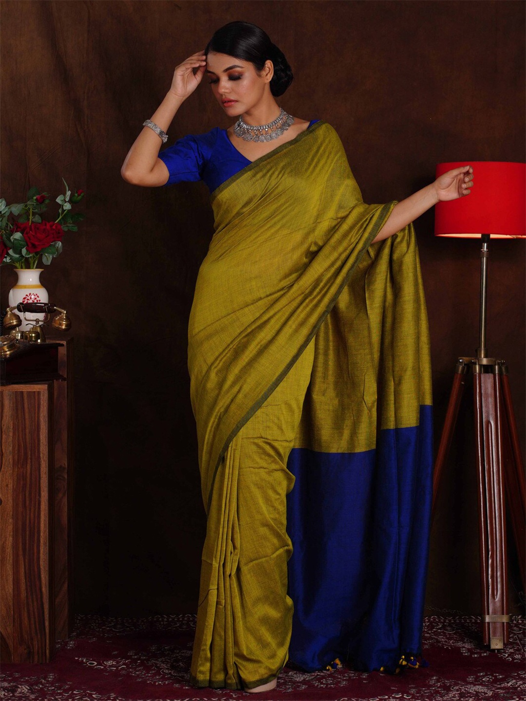 

BEATITUDE Silk Cotton Saree, Olive