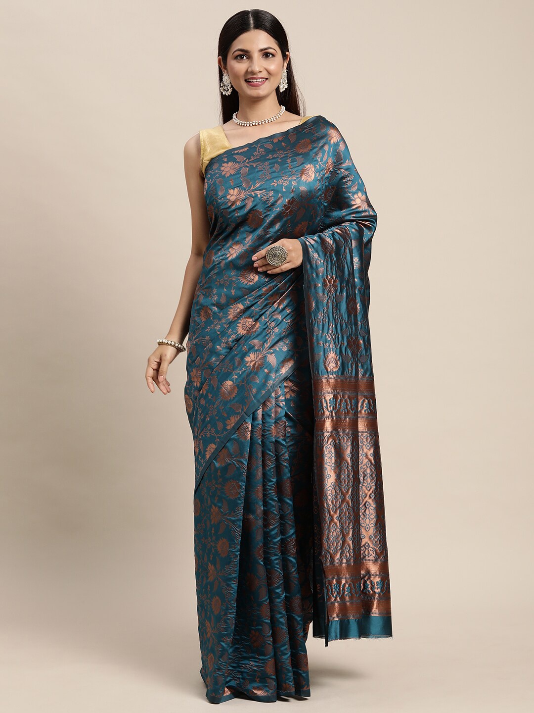 

eshami Floral Woven Design Zari Banarasi Saree, Teal