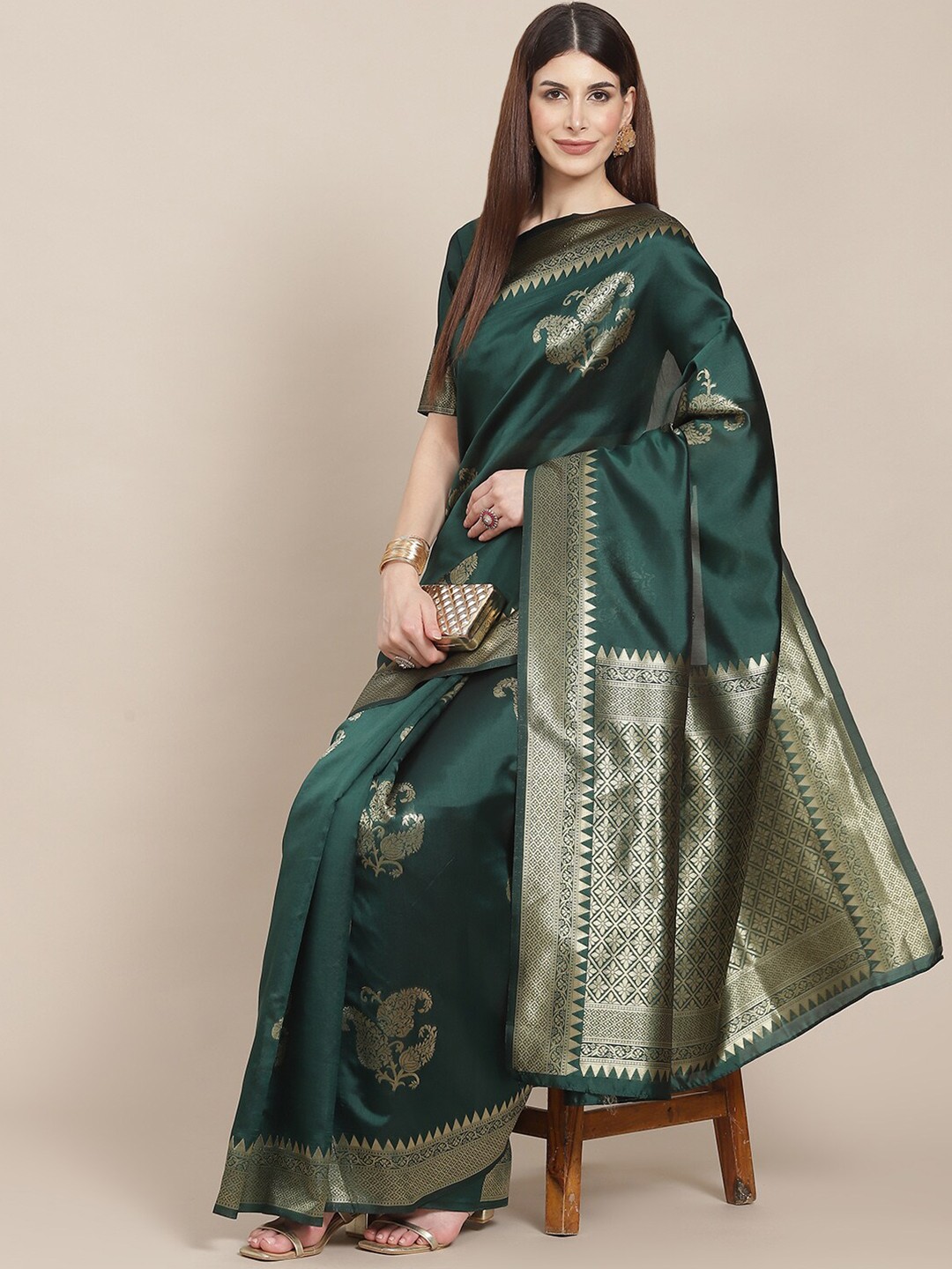 

Poshyaa Paisley Zari Silk Blend Kanjeevaram Saree, Green