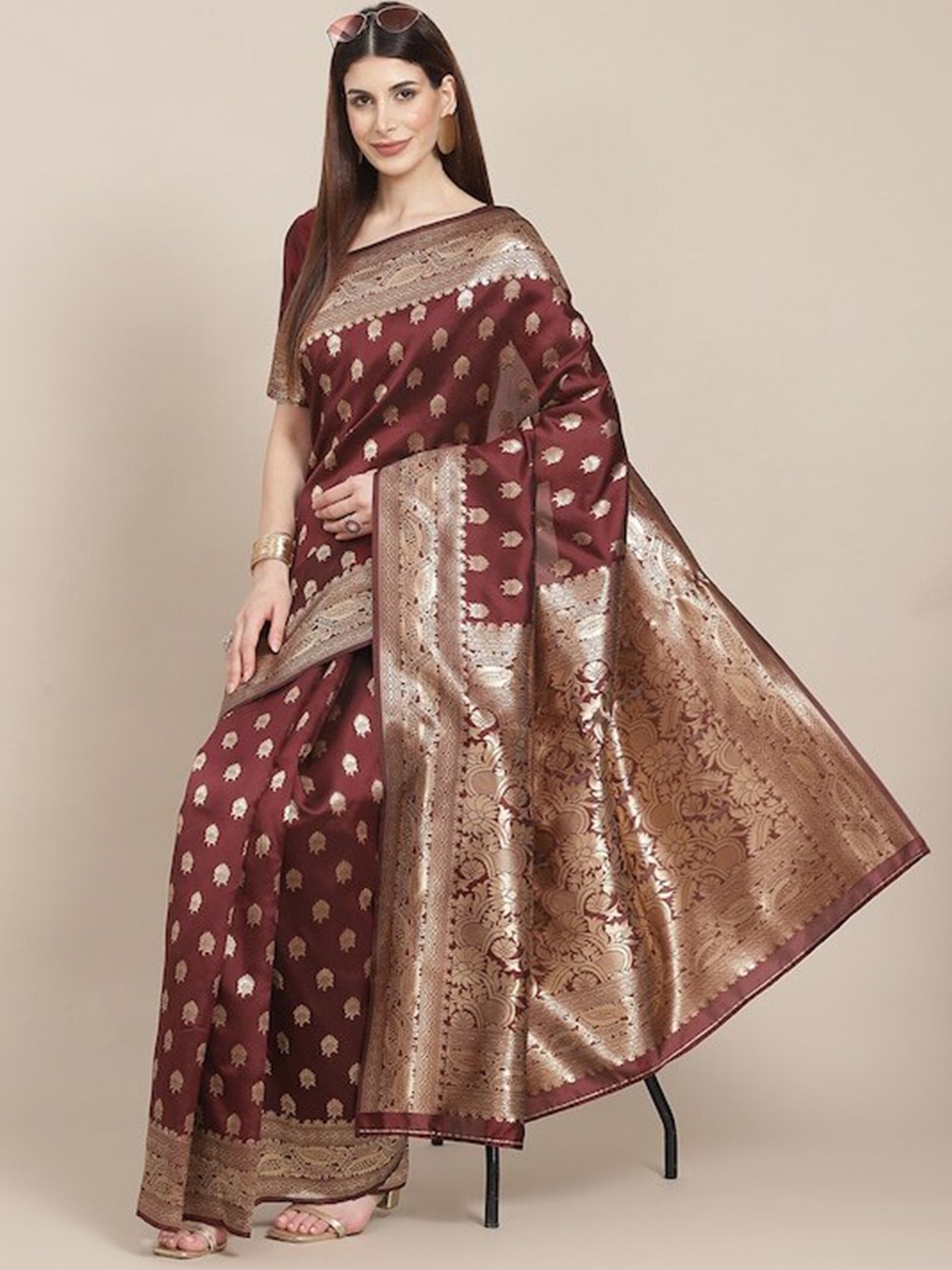 

Poshyaa Woven Design Zari Bordered Kanjeevaram Saree, Maroon
