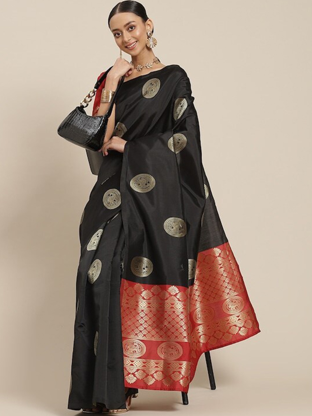 

Poshyaa Woven Design Zari Bordered Kanjeevaram Saree, Black