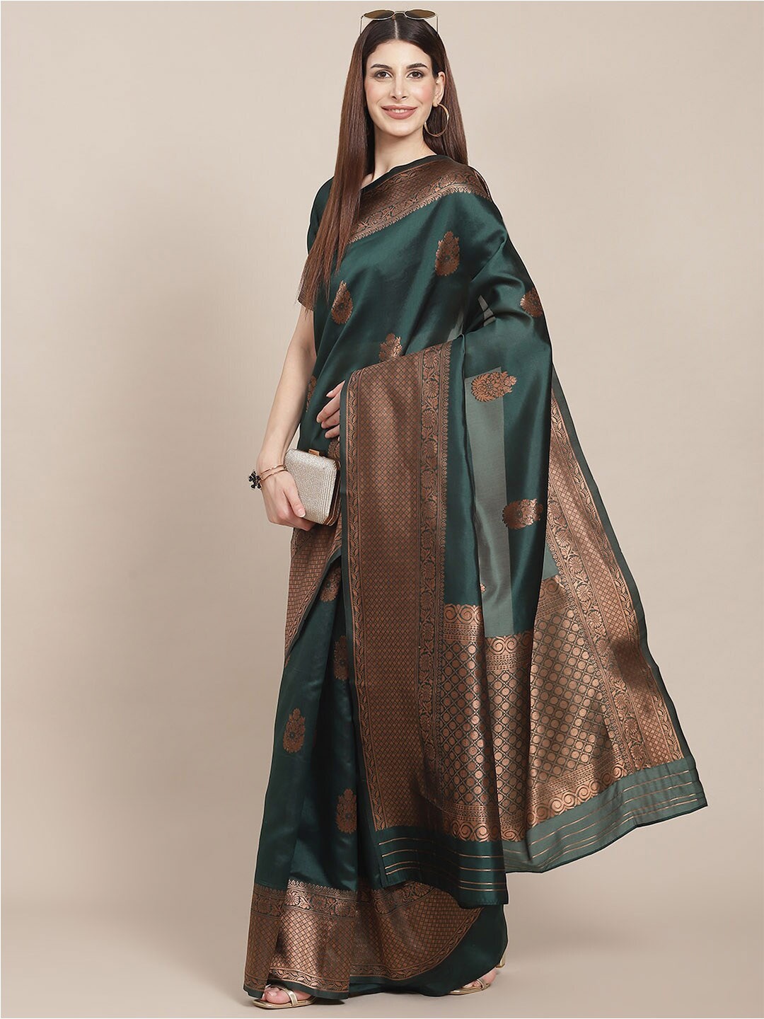 

Poshyaa Ethnic Motifs Zari Kanjeevaram Saree, Green