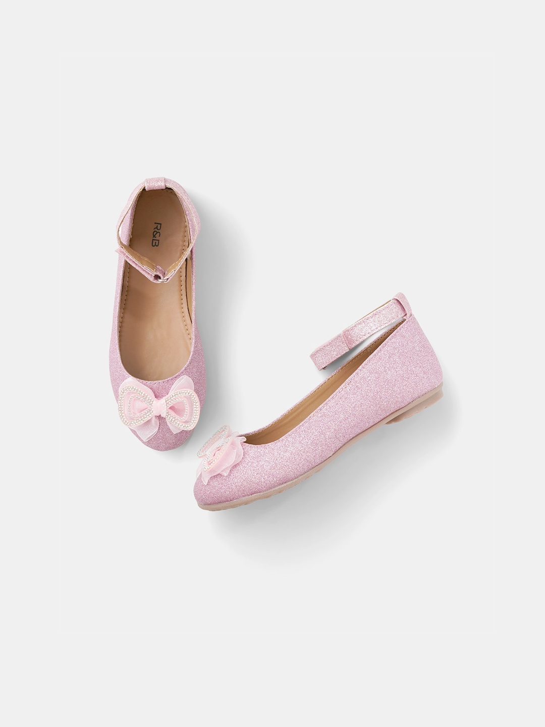 

R&B Girls Textured Ballerinas With Bows, Pink