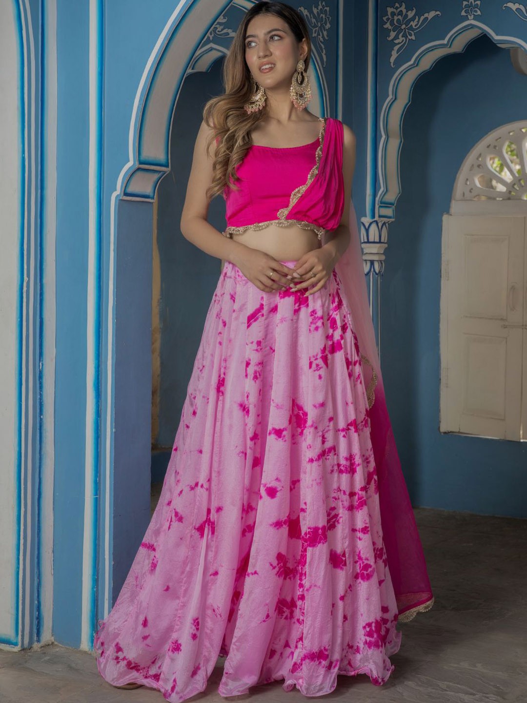 

HOUSE OF JAMOTI Pink Ready to Wear Lehenga & Blouse With Attached Dupatta