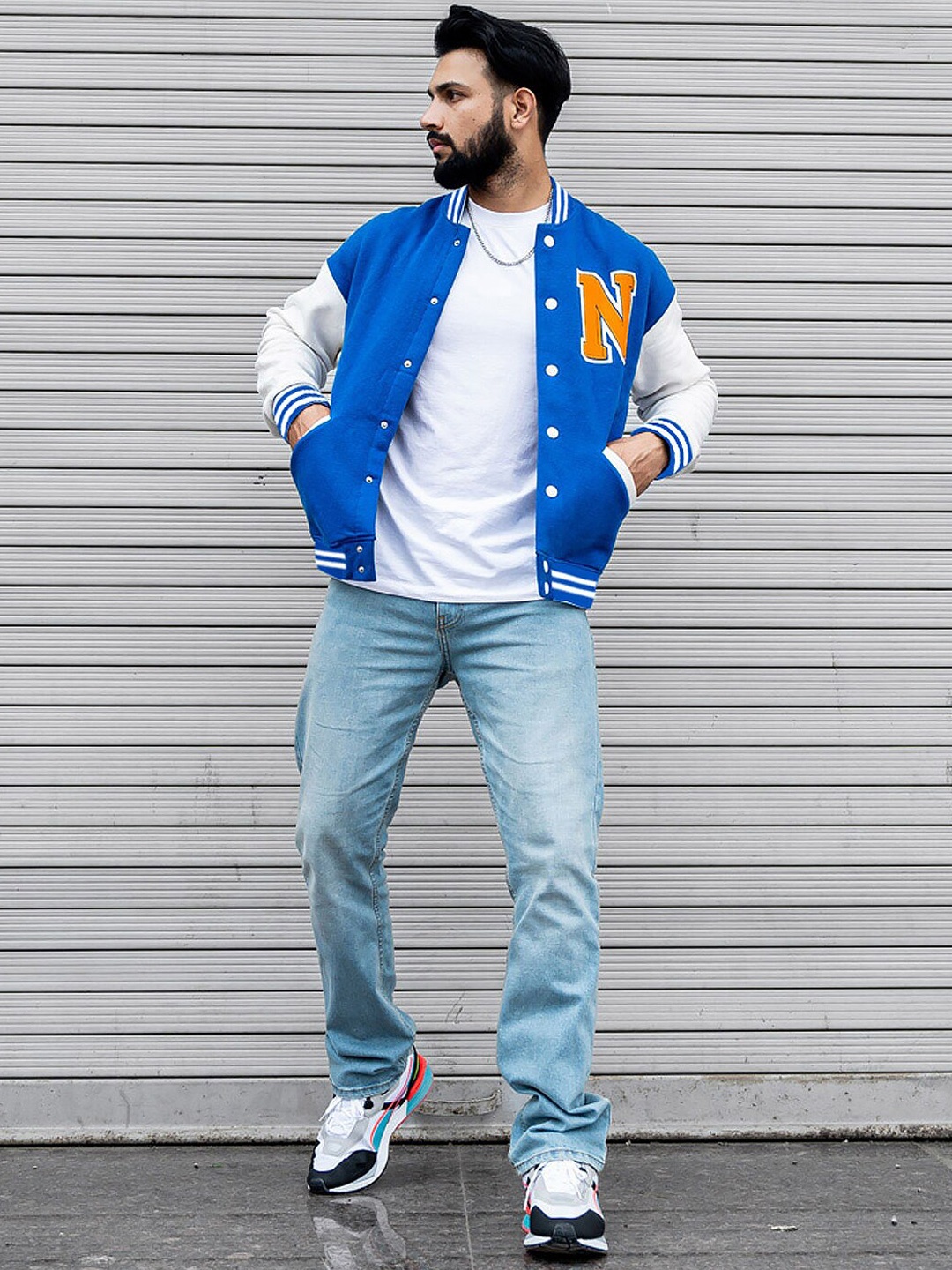 

Powerlook Men Organic Cotton Varsity Jacket, Blue
