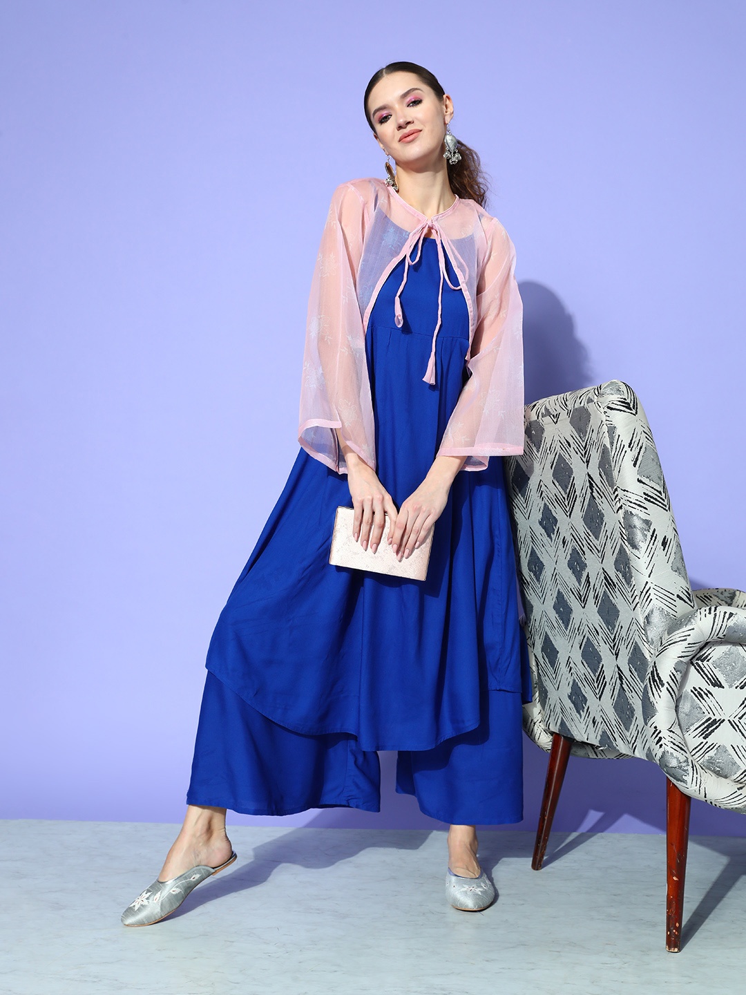 

InWeave Women Blue Pleated Kurta With Palazzos & Jacket