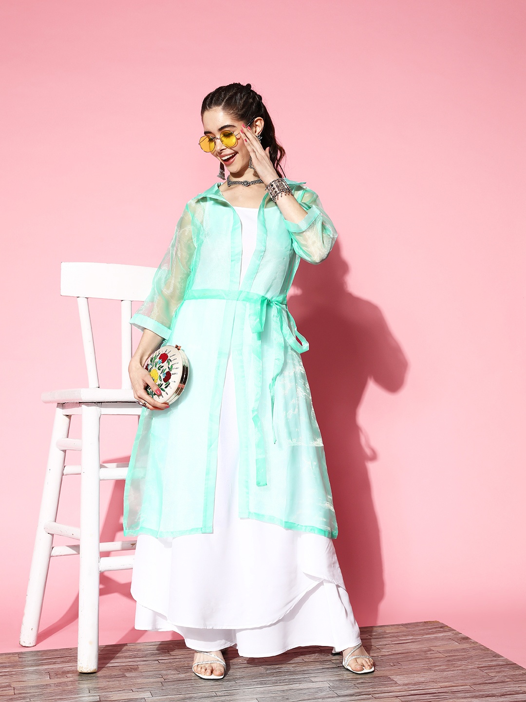 

InWeave Solid Shoulder Straps Pleated Kurta With Palazzos & With Jacket, White