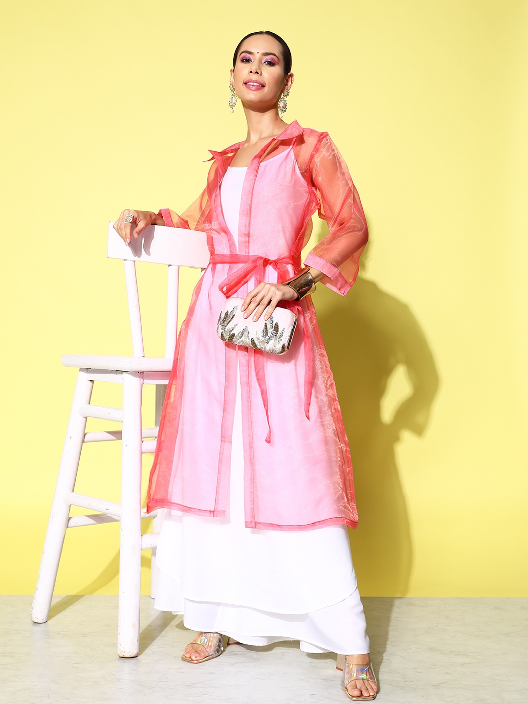 

InWeave Solid Shoulder Straps Pleated Kurta With Palazzos & With Jacket, White