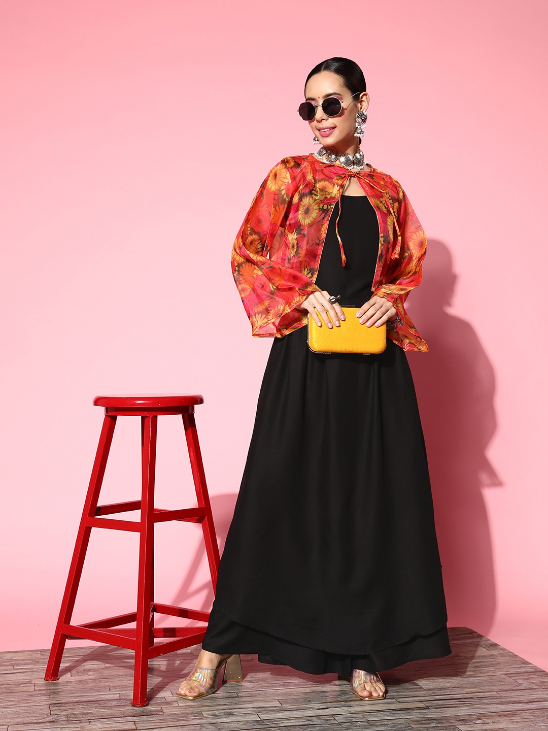 

InWeave Solid Shoulder Straps Pleated Kurta With Palazzos & With Jacket, Black