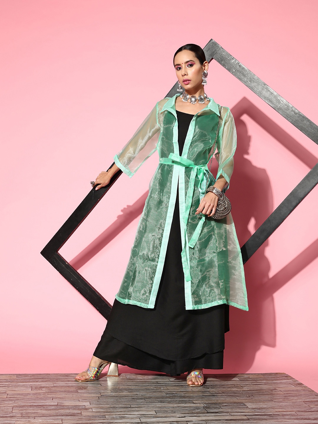 

InWeave Solid Shoulder Straps Pleated Kurta With Palazzos & With Jacket, Black