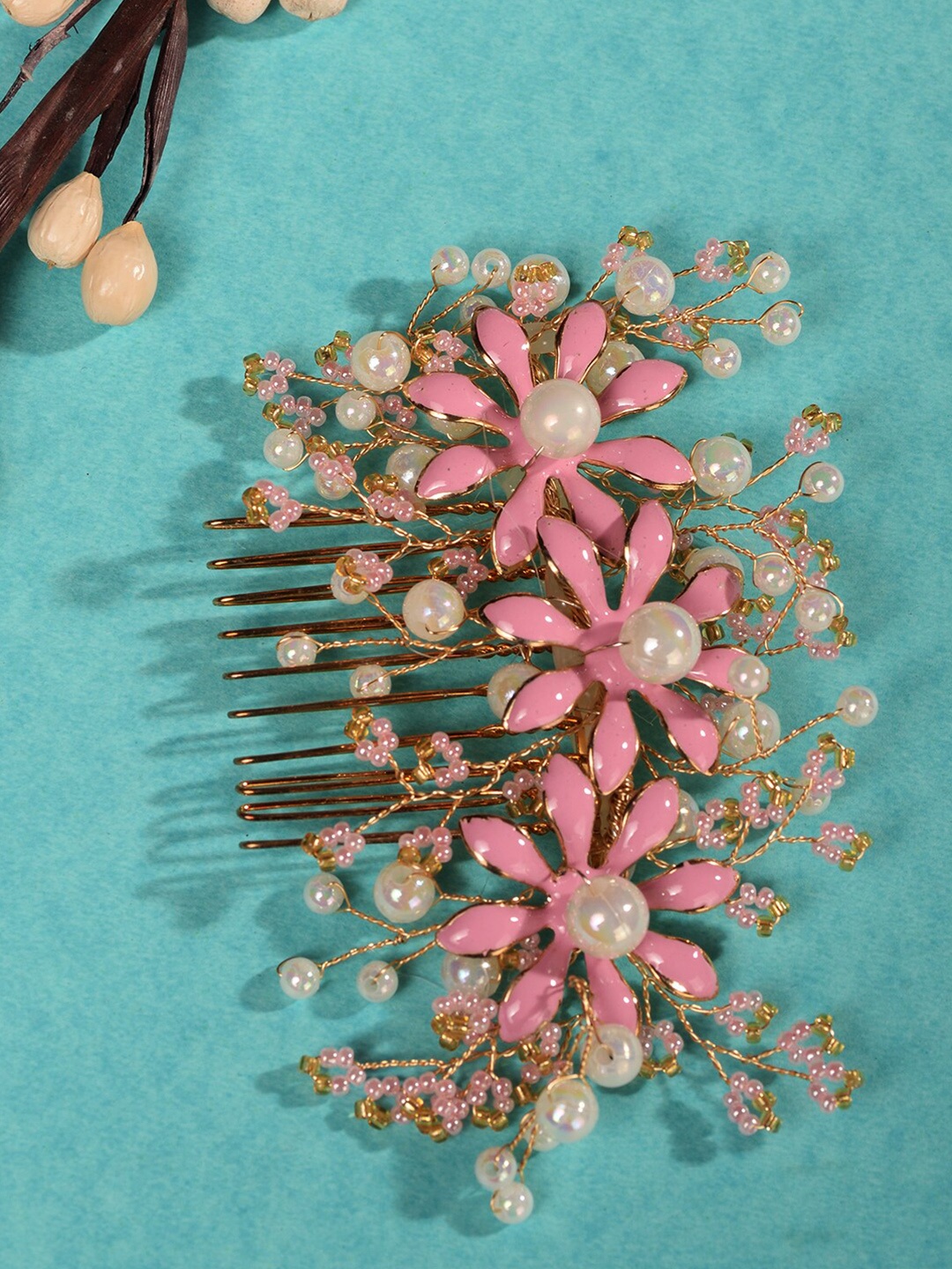 

Saraf RS Jewellery Women Enamelled Flower Tiara Comb Pin, Pink
