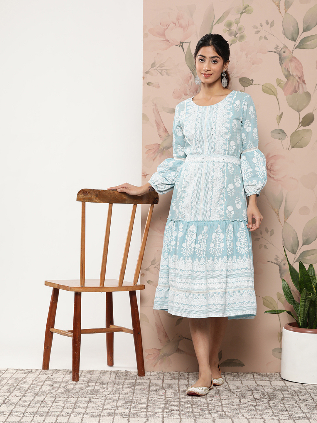 

Juniper Ethnic Motifs Embroidered Ethnic A-Line Midi Ethnic Dress, Turquoise blue