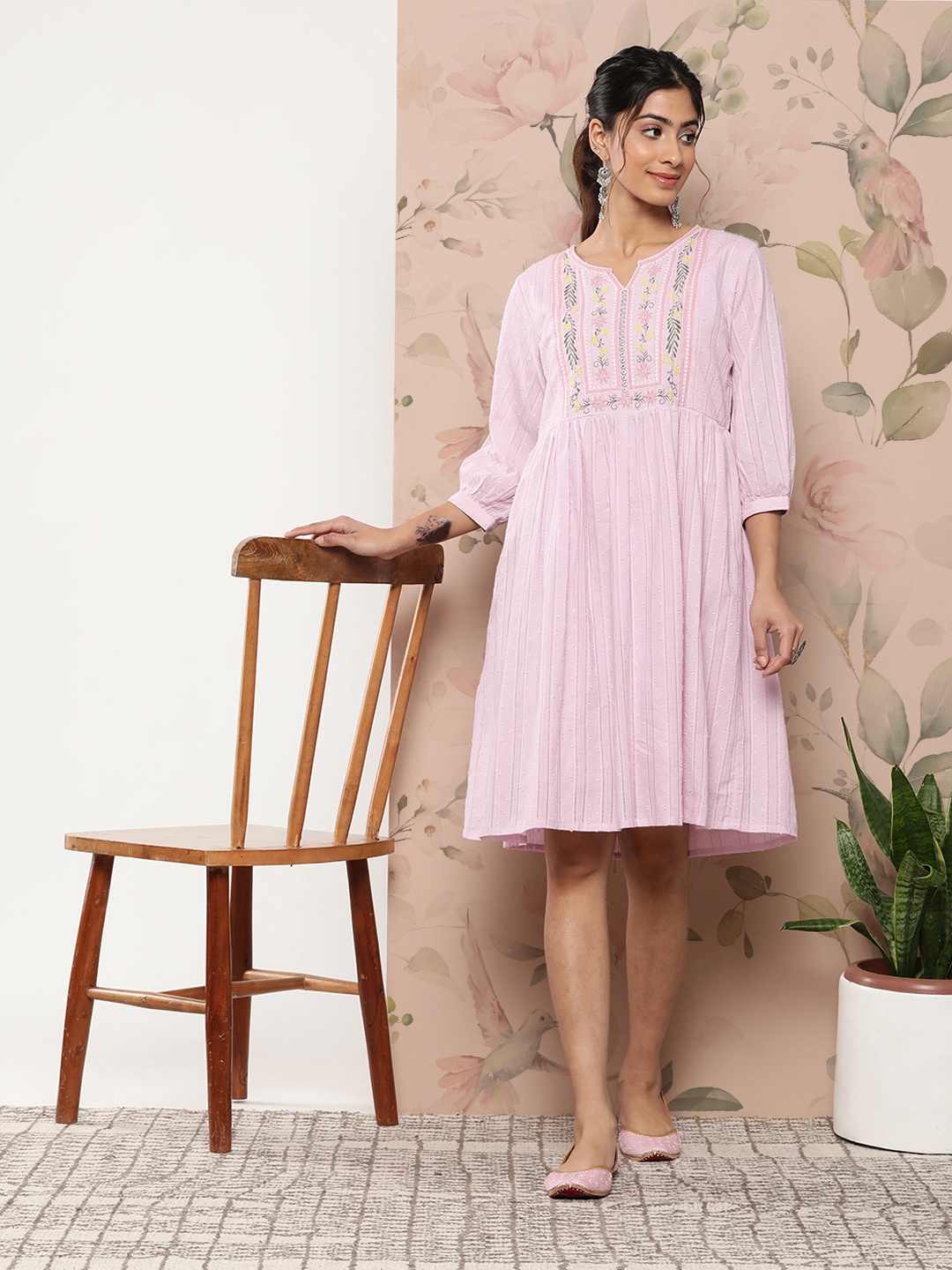

Juniper Floral Embroidered Dobby Ethnic A-Line Ethnic Dress, Lavender