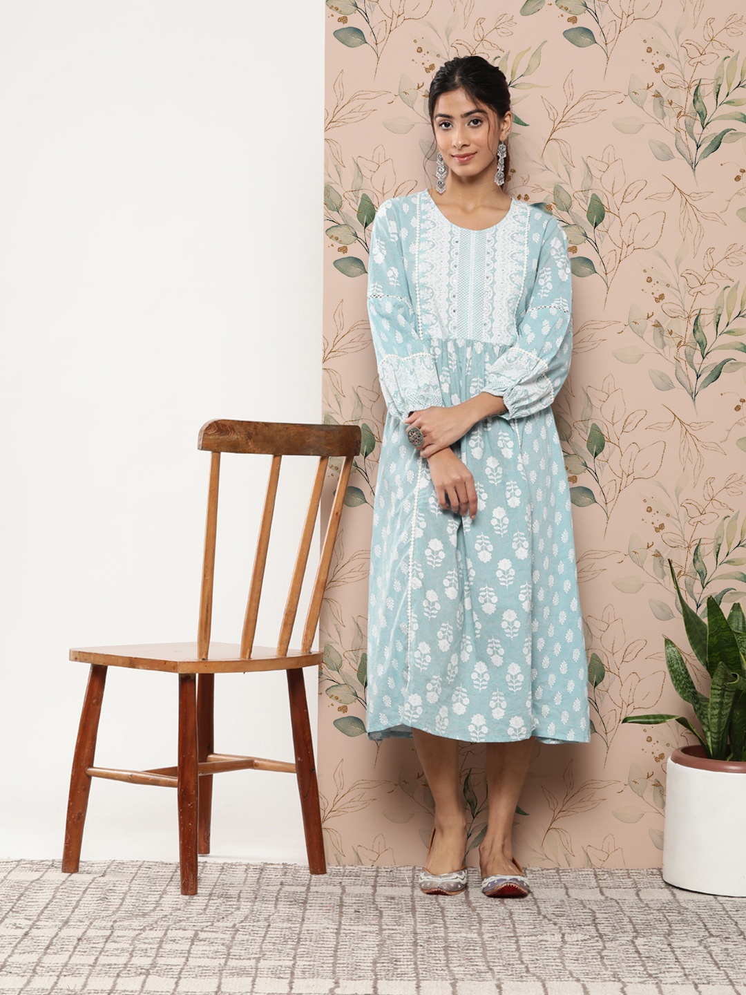 

Juniper Ethnic Motifs Embroidered Ethnic A-Line Midi Dress, Turquoise blue