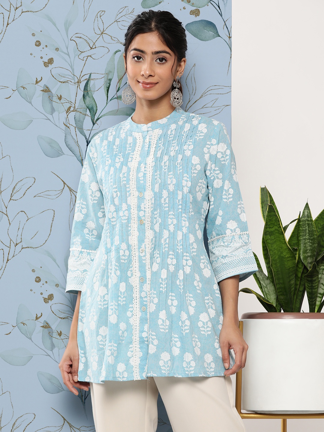 

Juniper Mandarin Collar Printed Tunic, Blue