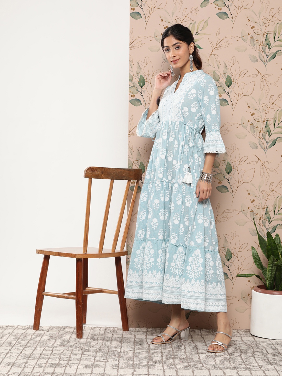 

Juniper Floral Embroidered Ethnic A-Line Midi Ethnic Dress, Turquoise blue