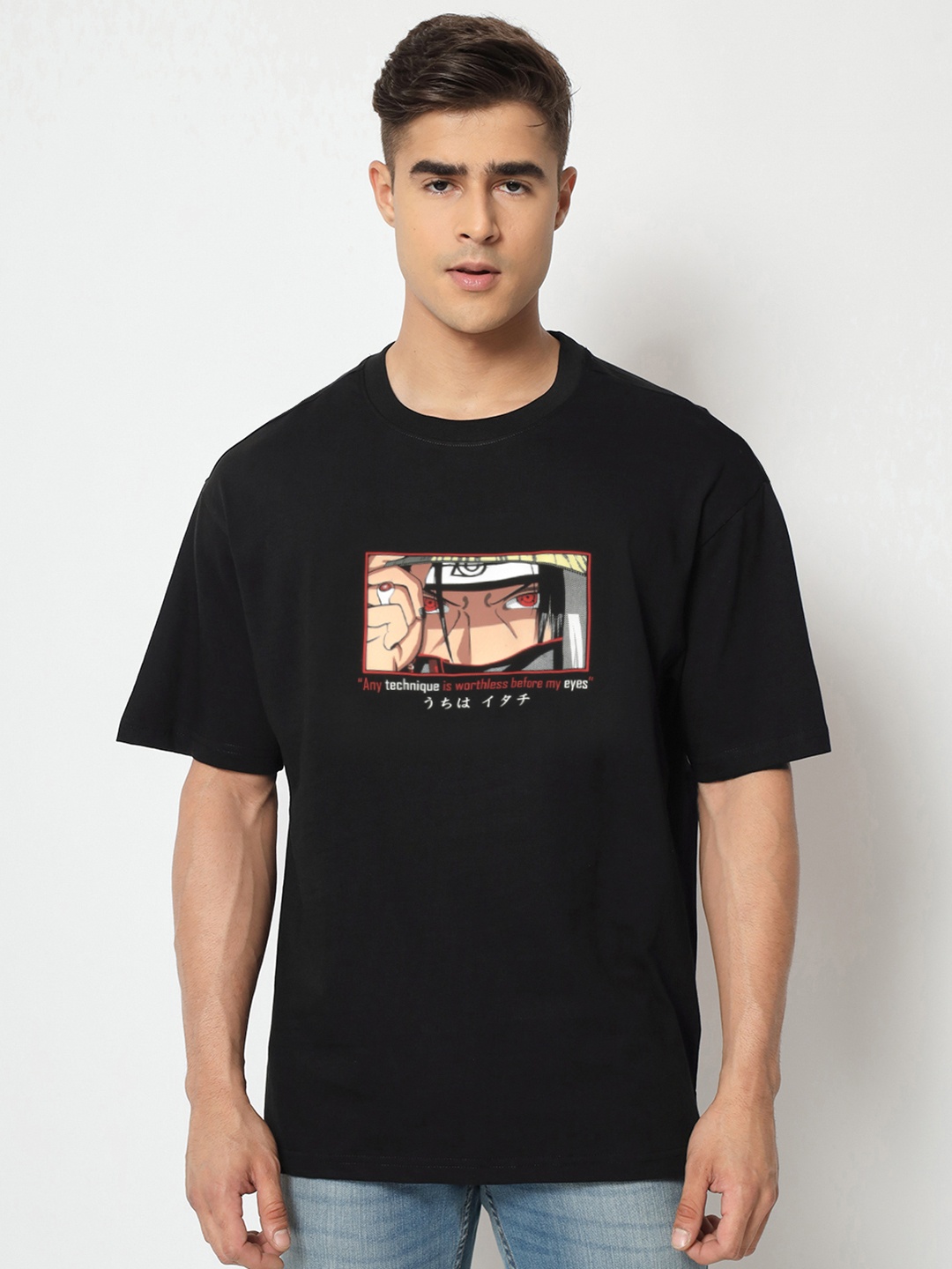 

COMICSENSE Men Anime Printed Naruto Cotton Oversized Tshirt, Black