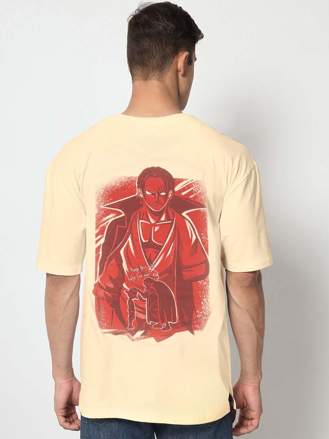 COMICSENSE Men Anime Printed Cotton Oversized T-shirt, Cream
