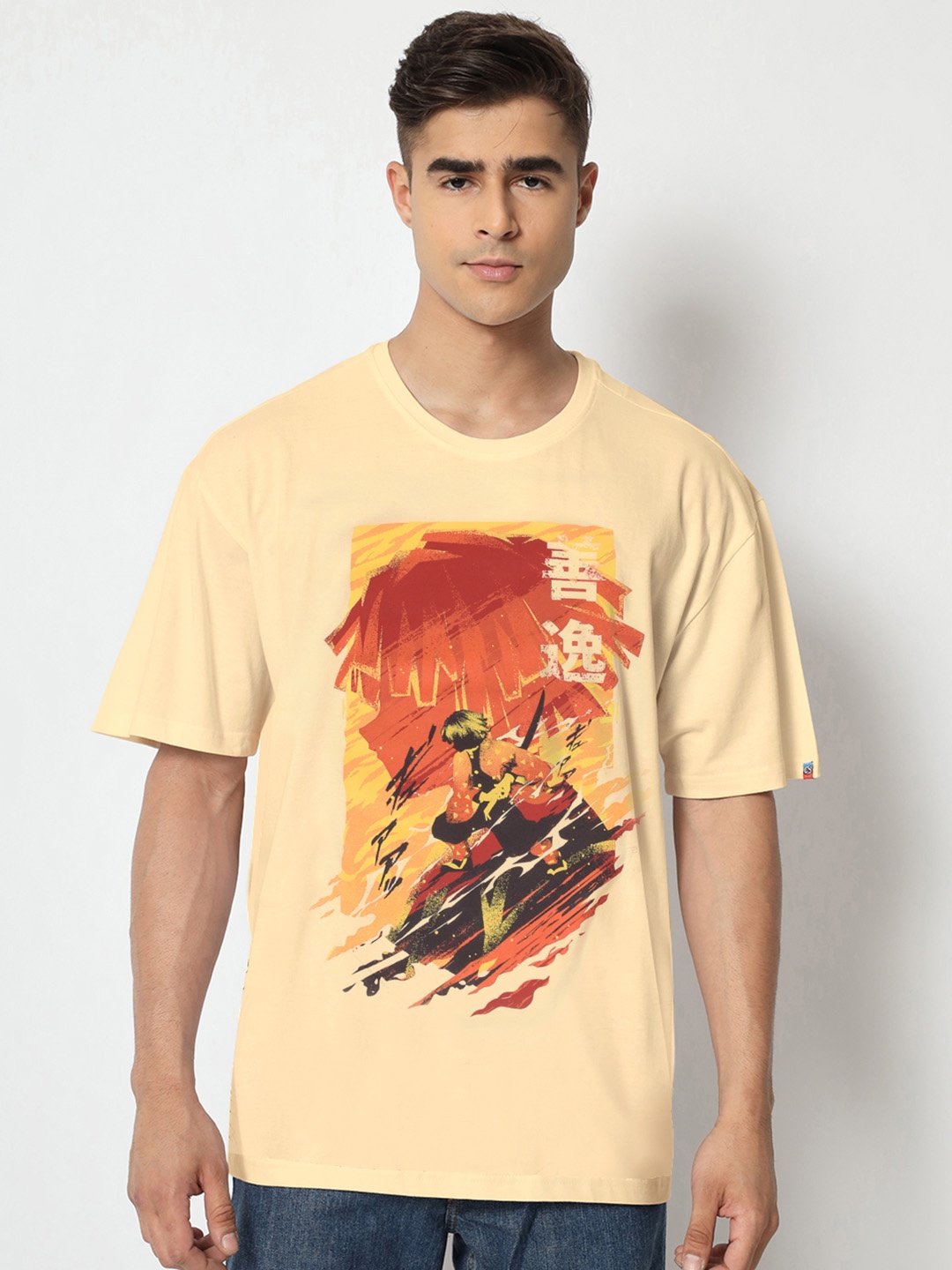 COMICSENSE Men Anime Printed Demon Slayer Cotton Oversized Tshirt, Cream