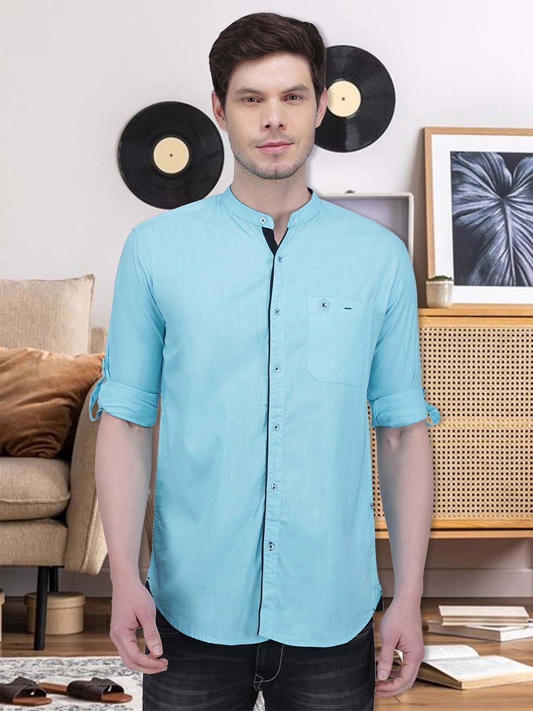 

Kuons Avenue Men Smart Slim Fit Linen Casual Shirt, Turquoise blue