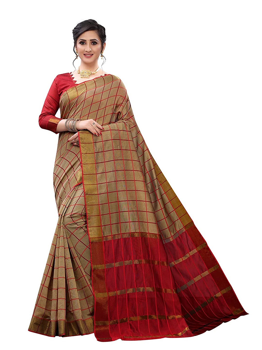 

SAADHVI Checked Zari Saree, Brown