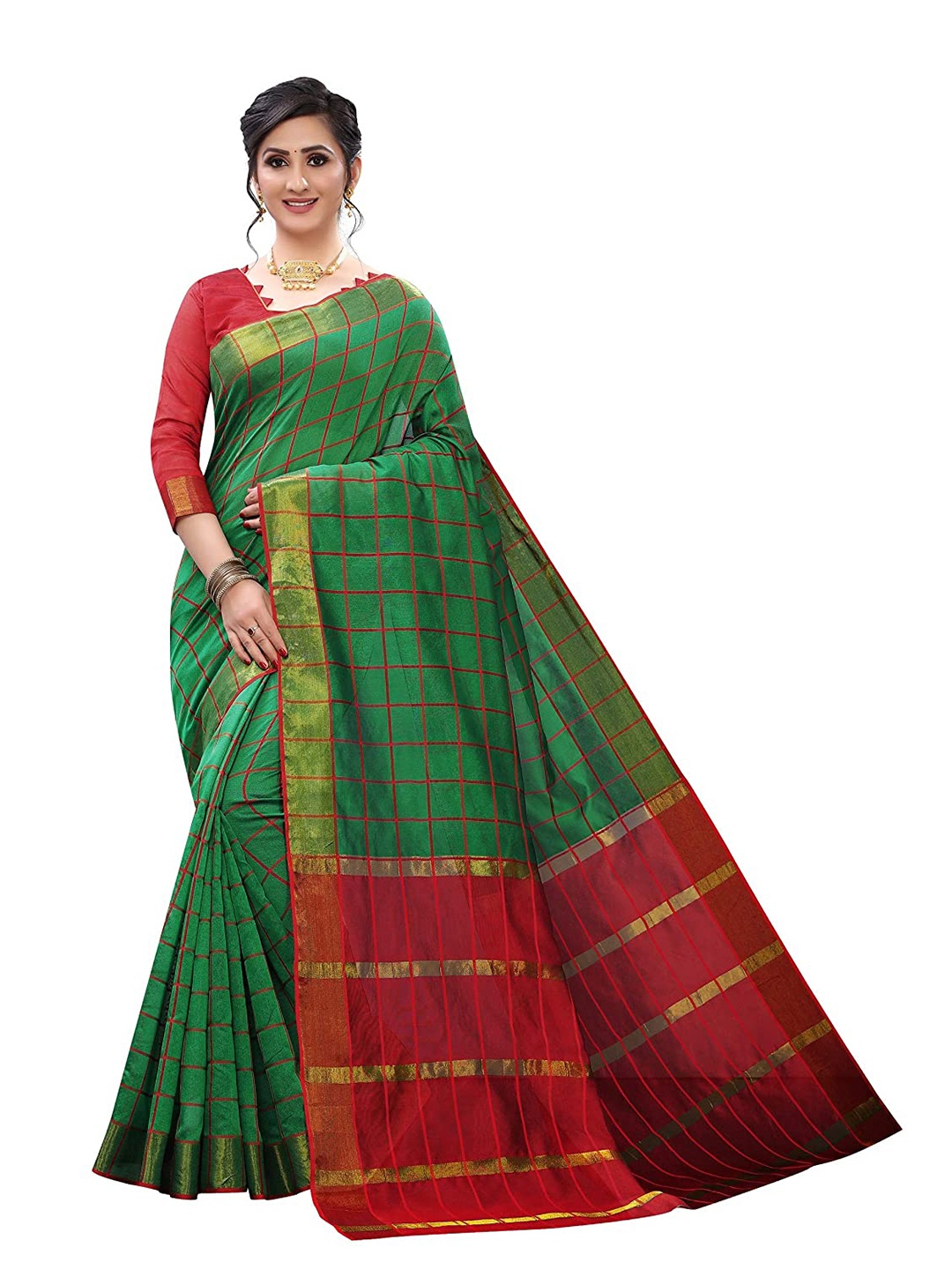 

SAADHVI Checked Zari Saree, Green