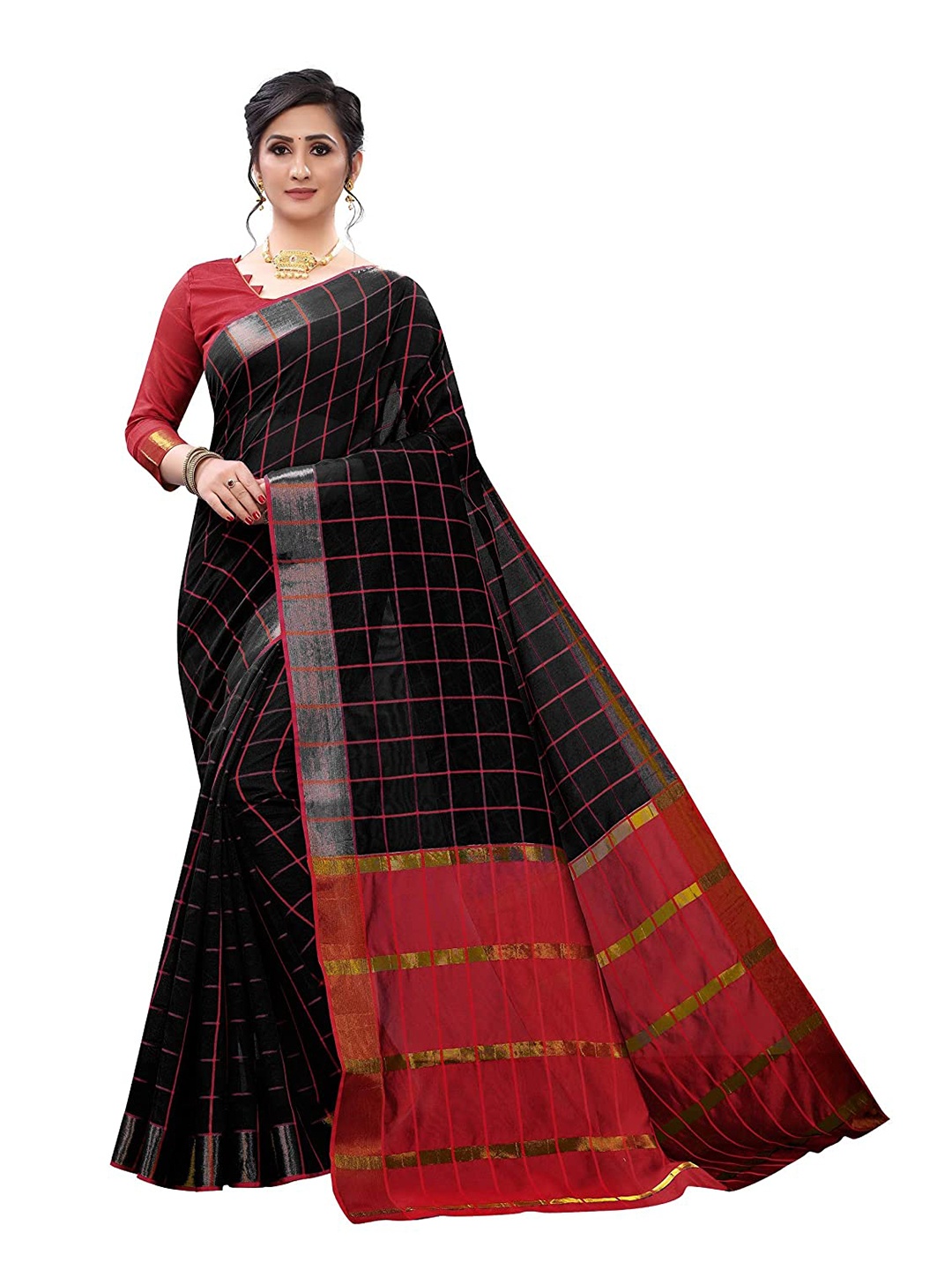 

SAADHVI Checked Zari Saree, Black