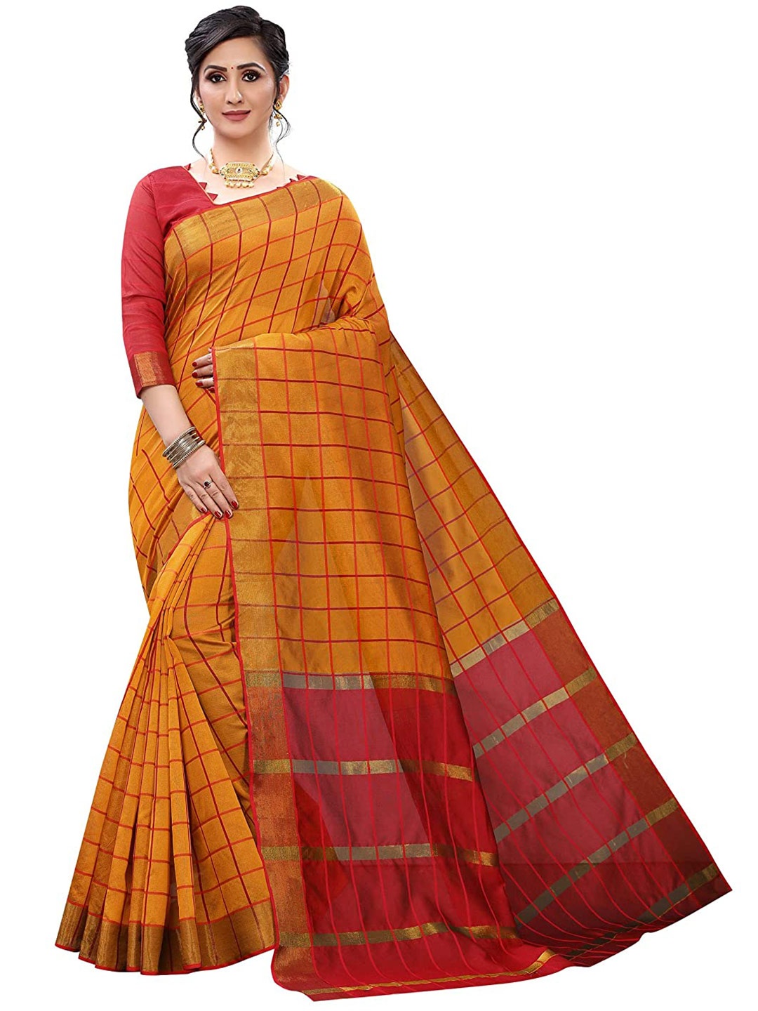 

SAADHVI Checked Zari Saree, Yellow