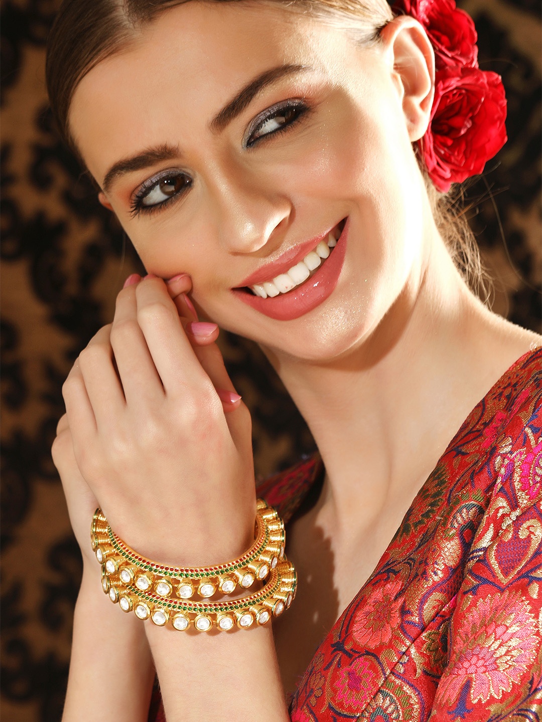 

Rubans Set Of 2 Gold-Plated Stone-Studded Bangle, Red