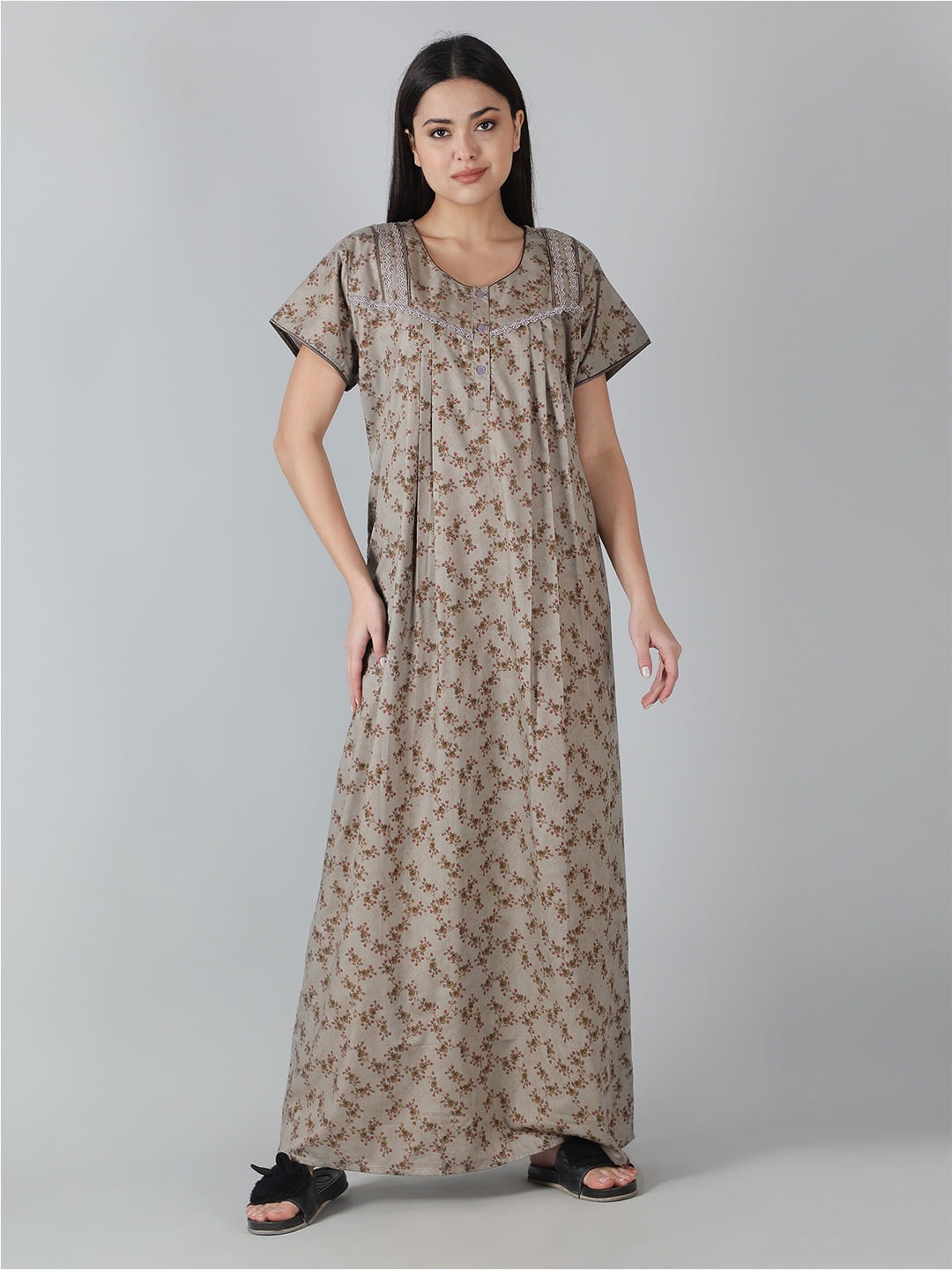 

NIGHTSPREE Floral Printed Pure Cotton Maxi Nightdress, Brown