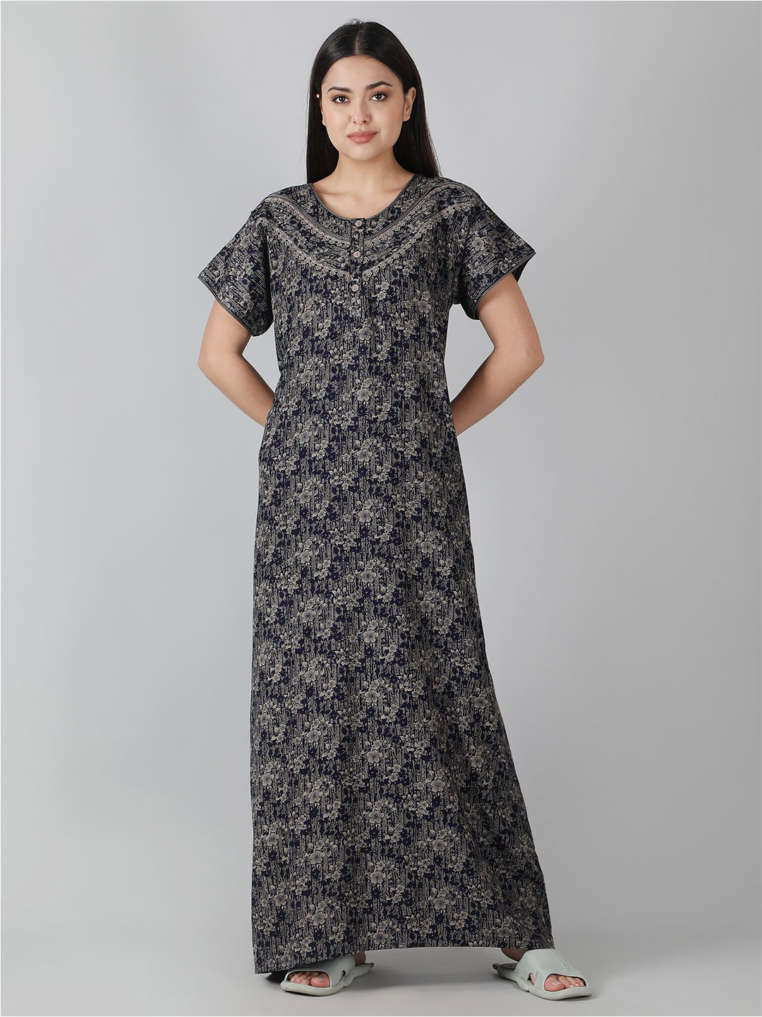 

NIGHTSPREE Floral Printed Cotton Maxi Nightdress, Navy blue