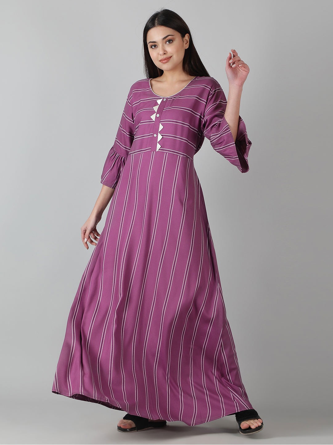 

NIGHTSPREE Striped Bell Sleeves Maxi Nightdress, Purple