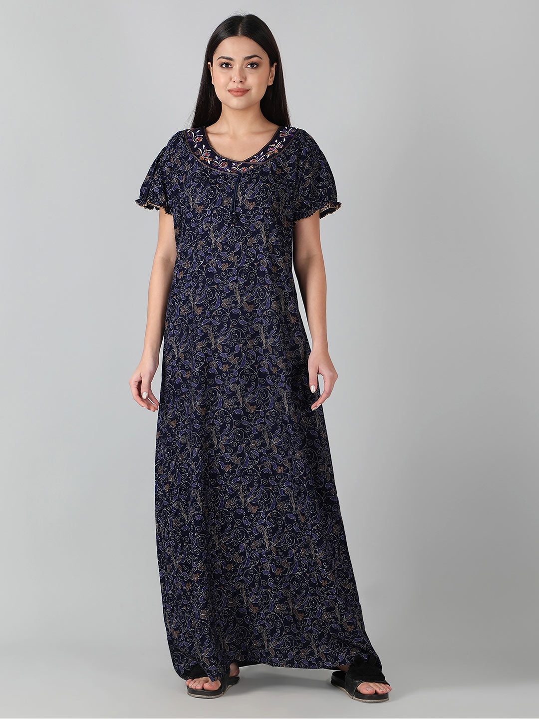 

NIGHTSPREE Ethnic Motifs Printed Cotton Maxi Nightdress, Blue