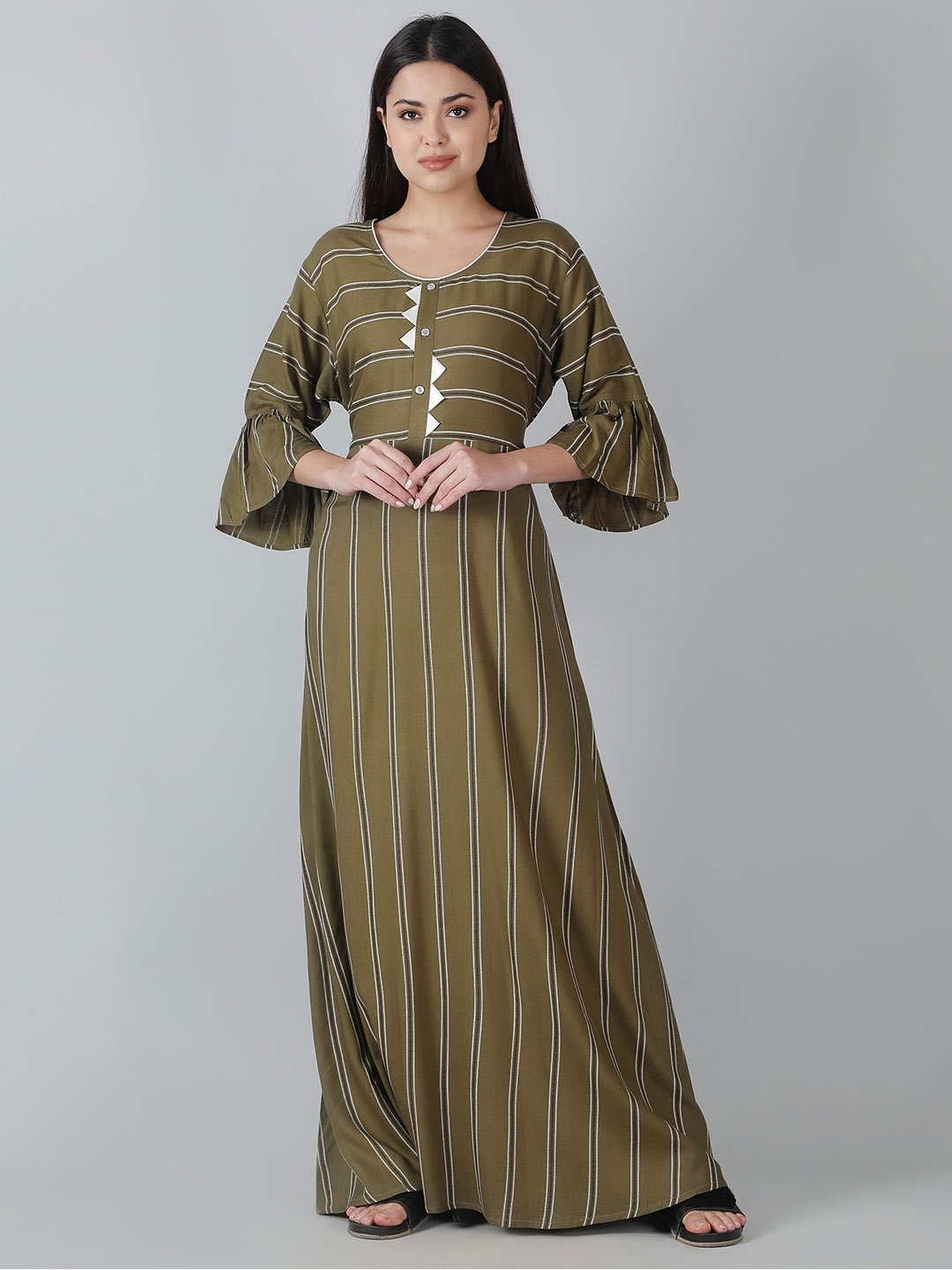 

NIGHTSPREE Striped Bell Sleeves Maxi Nightdress, Green