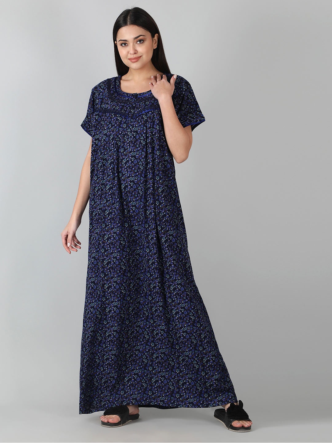 

NIGHTSPREE Floral Printed Cotton Pleated Maxi Nightdress, Blue
