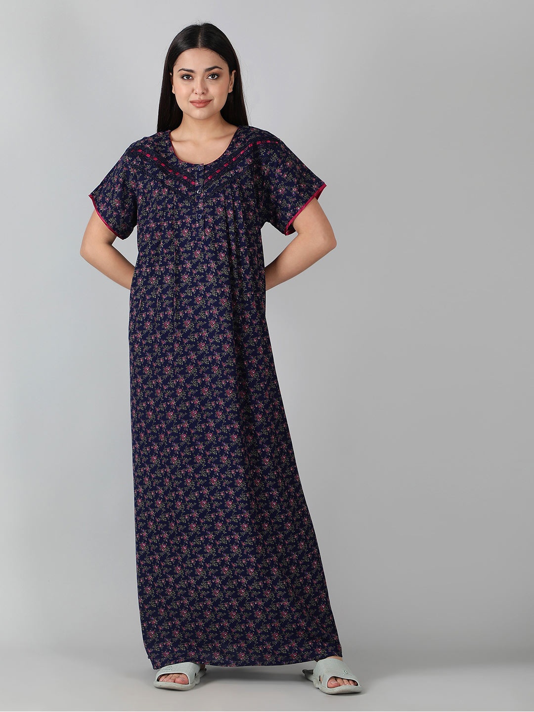 

NIGHTSPREE Floral Printed Cotton Pleated Maxi Nightdress, Navy blue