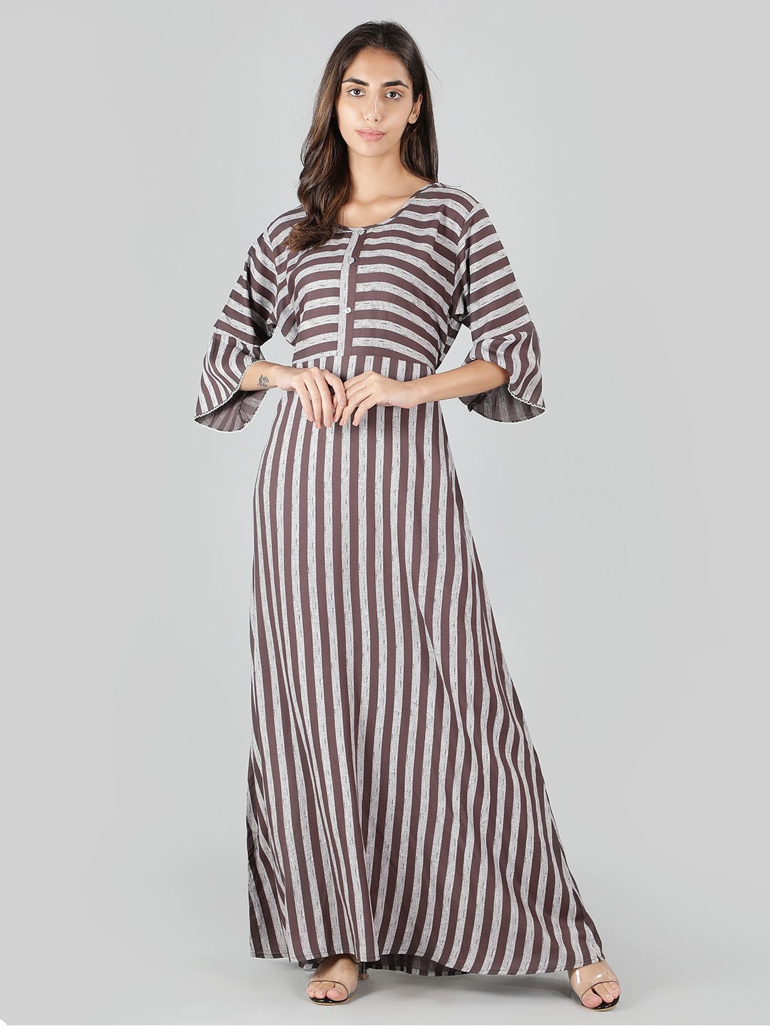 

NIGHTSPREE Striped Printed Maxi Nightdress, Brown