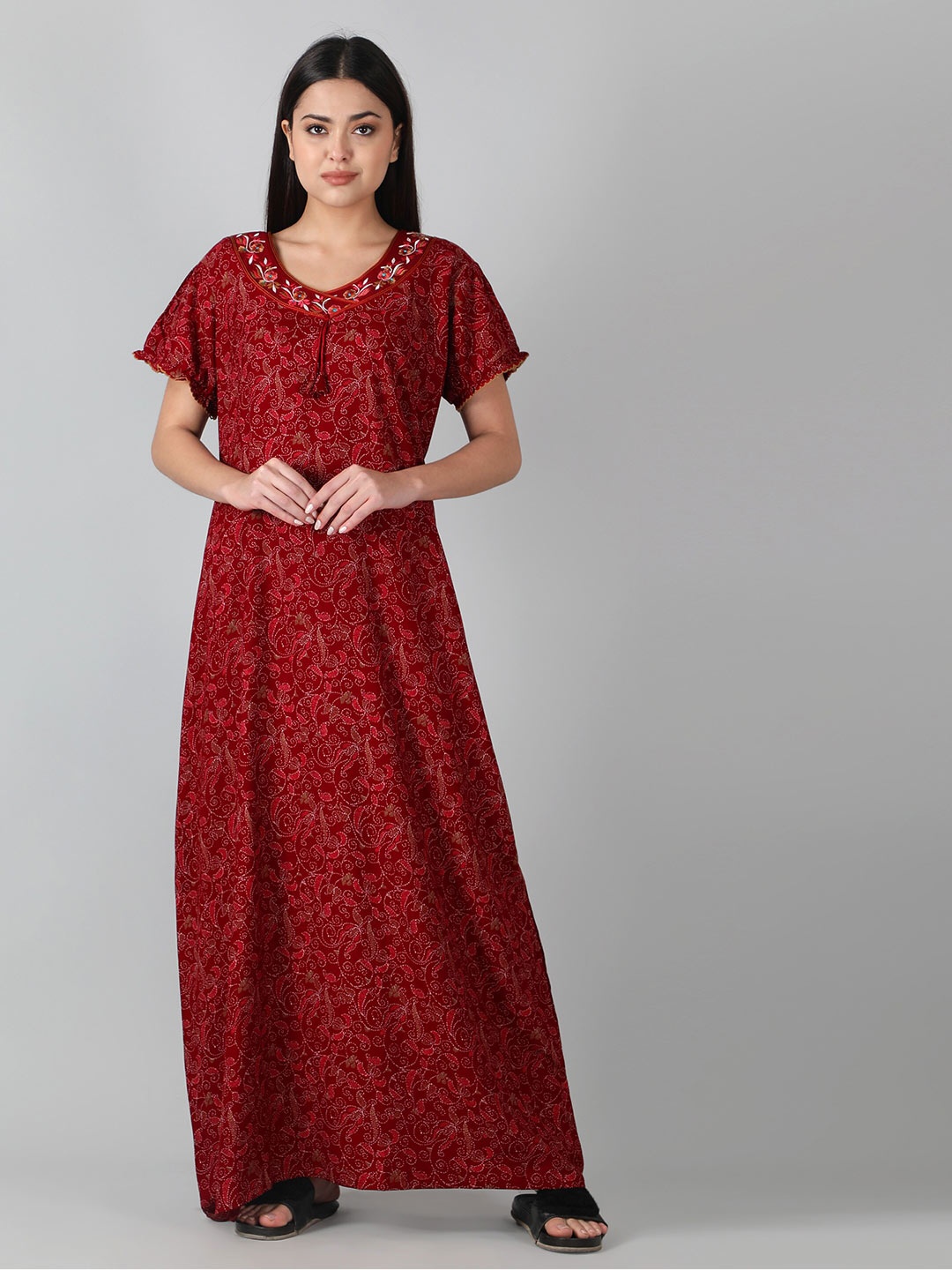 

NIGHTSPREE Ethnic Motifs Printed Cotton Maxi Nightdress, Red