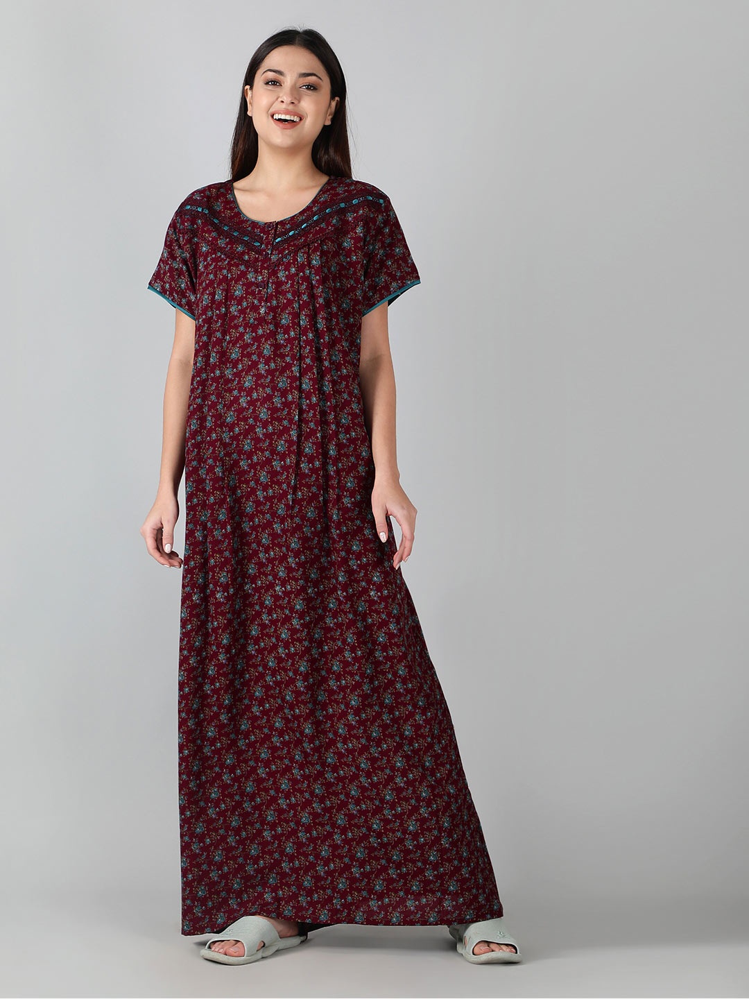 

NIGHTSPREE Printed Maxi Nightdress, Maroon