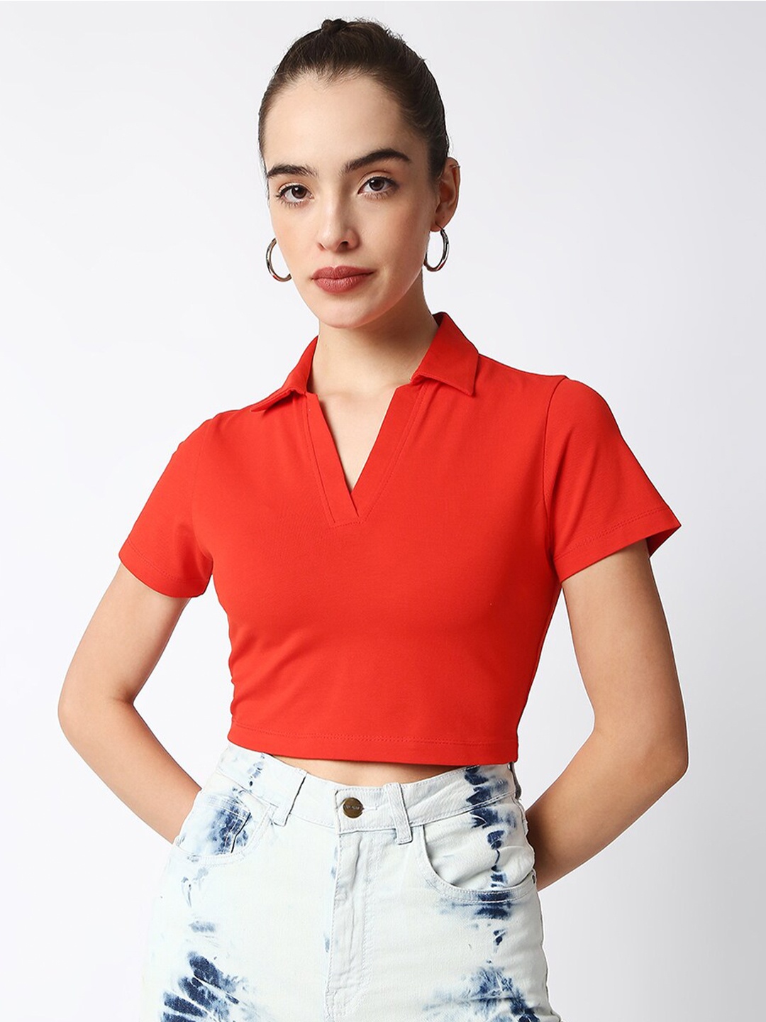 

Disrupt Women Polo Collar Bio Finish Cotton T-shirt, Red