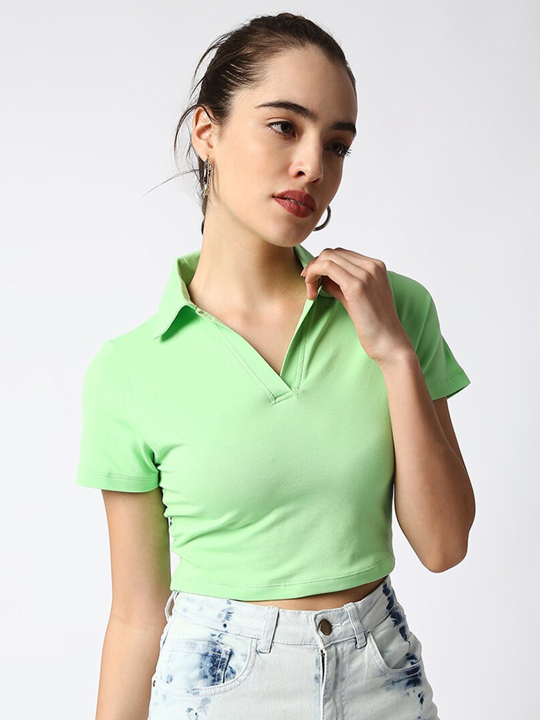 

Disrupt Women Polo Collar Bio Finish Cotton Slim Fit T-shirt, Green