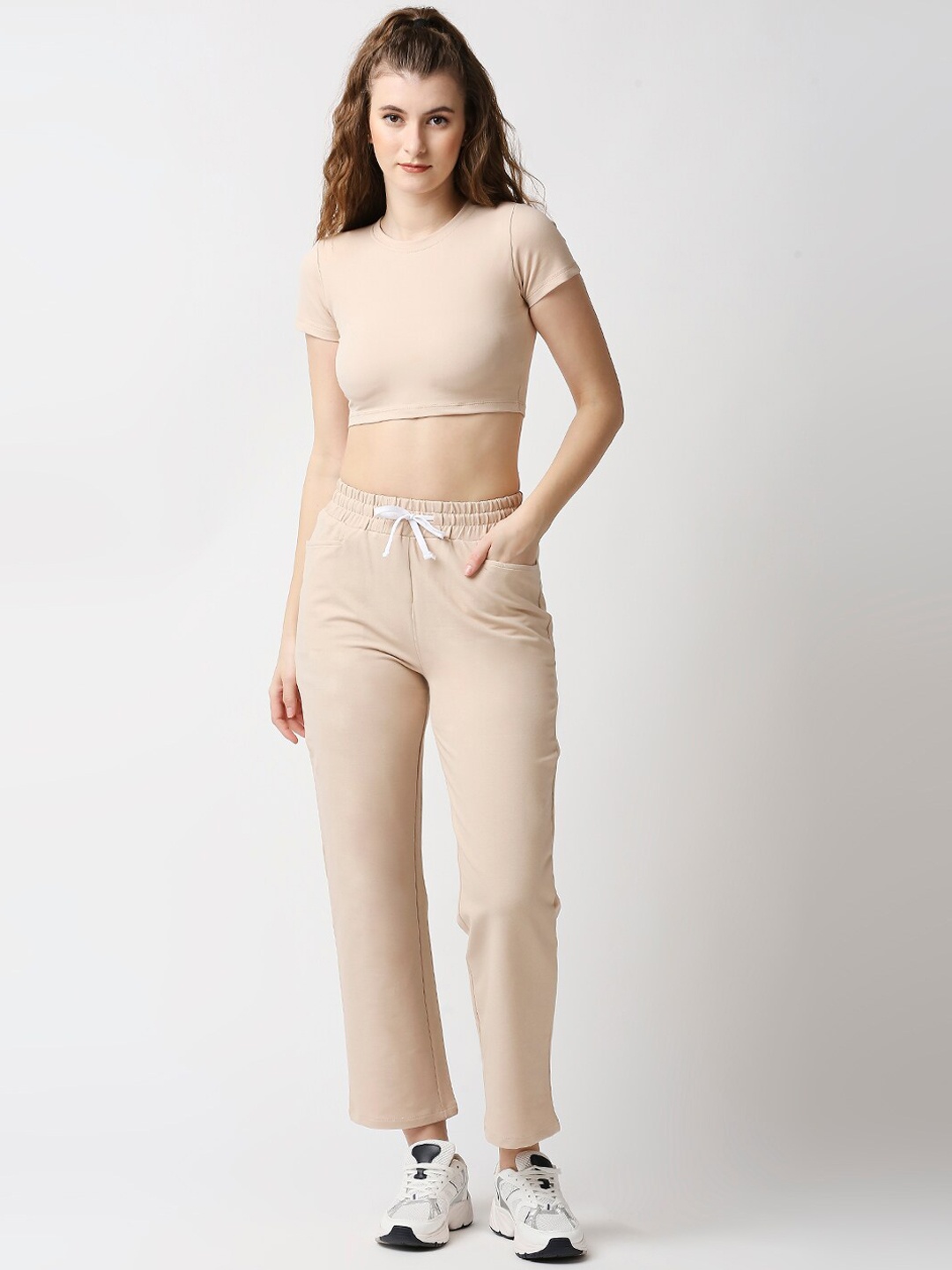 

Disrupt Women Cotton Comfort-Fit Straight Pants With Crop Top Co-Ords, Beige
